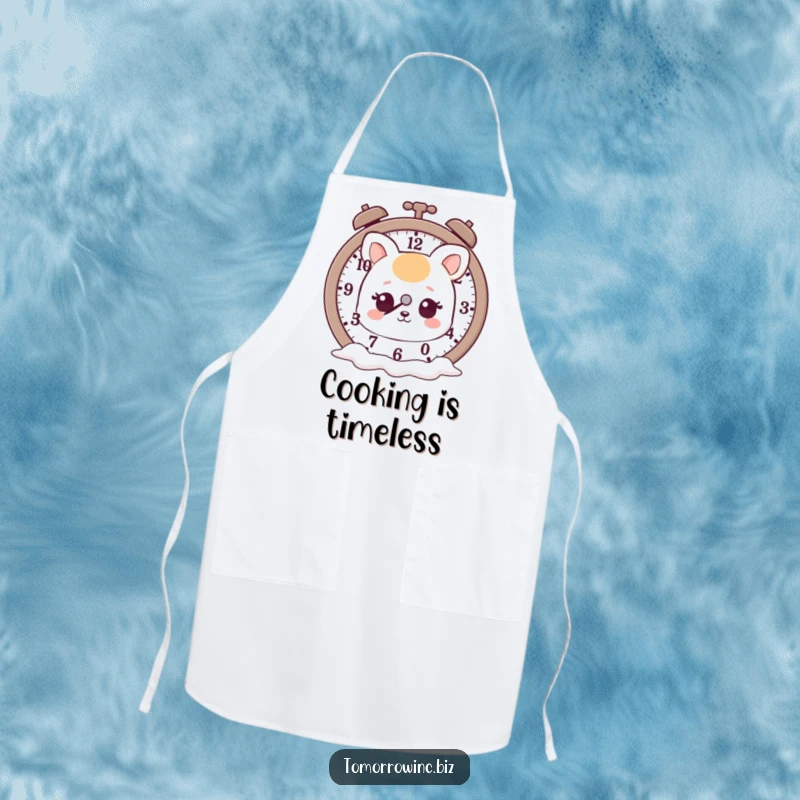 Funny apron showing a cute animal with a dreamy look at a clock with melting hands, perfect for a humorous kitchen.