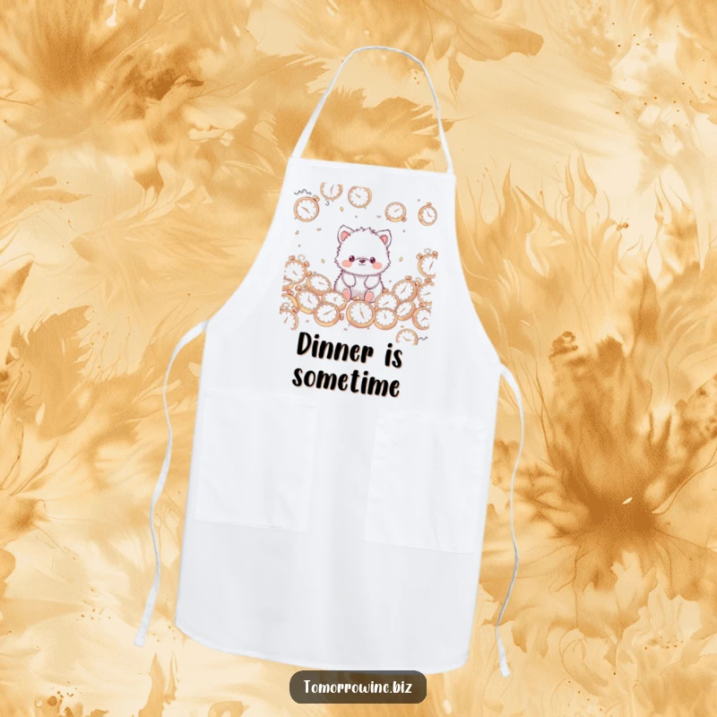Funny Fuzzy Animal Apron: A cute, fuzzy animal with a blank stare sits with scattered clocks, ready for cooking.