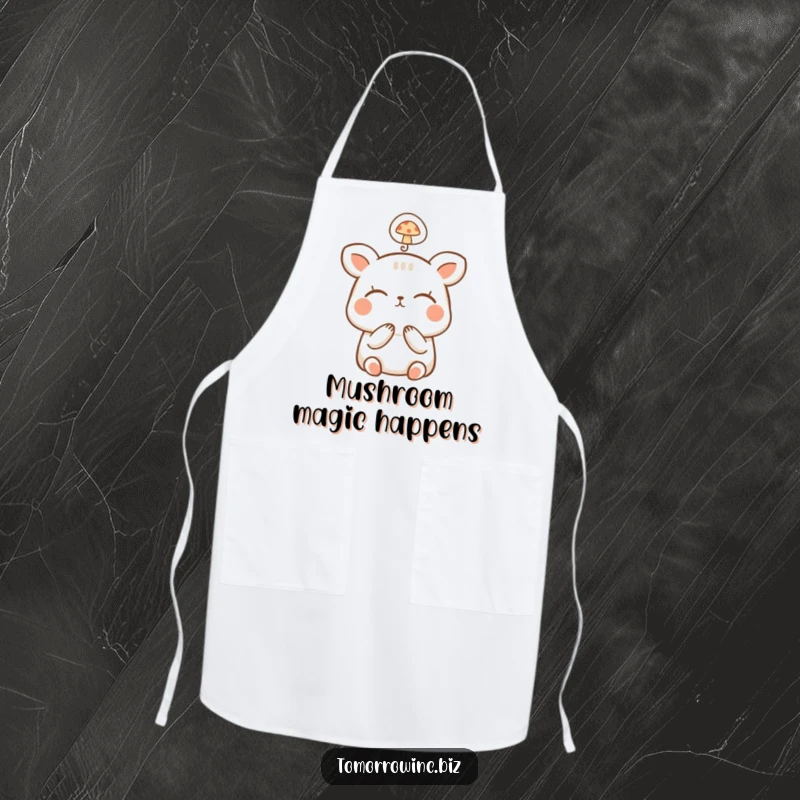 Funny Happy Animal Apron: A small, happy animal dreams with closed eyes, its thought bubble shows a mushroom, ready to cook.