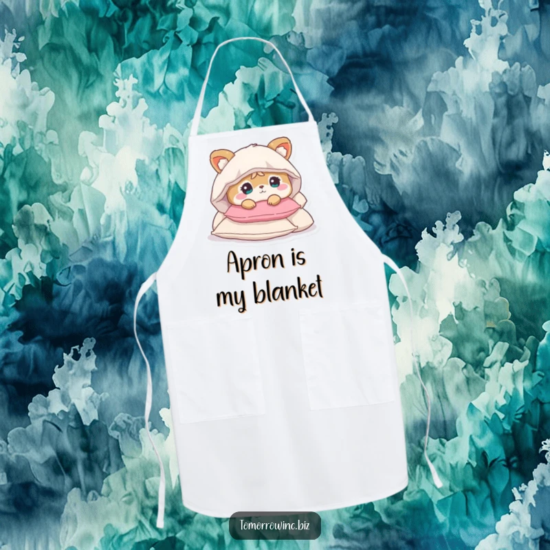 Funny apron showcasing a cute animal character looking bewildered, buried under a pile of pillows while cooking.