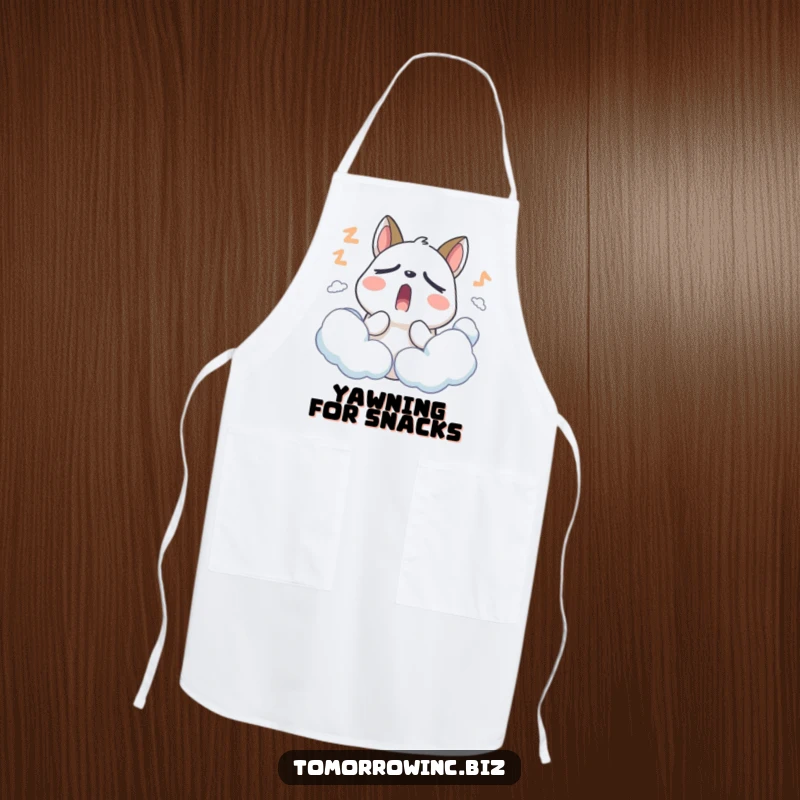 Funny Sleepy Animal Apron: A stylized animal with droopy eyelids yawns widely surrounded by soft clouds, ready to cook.