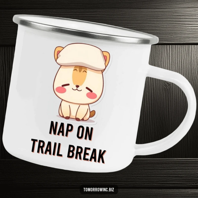 Funny camping mug print of a bewildered animal character with a pillow balanced on its head, enjoying the outdoors.