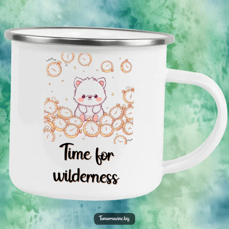 Funny Fuzzy Animal Camping Mug: A cute, fuzzy animal with a blank stare sits with scattered clocks, ready for the outdoors.