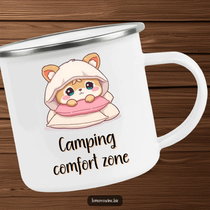 Funny camping mug showing a cute animal character looking bewildered, buried under a pile of pillows, ideal for outdoor comfort.