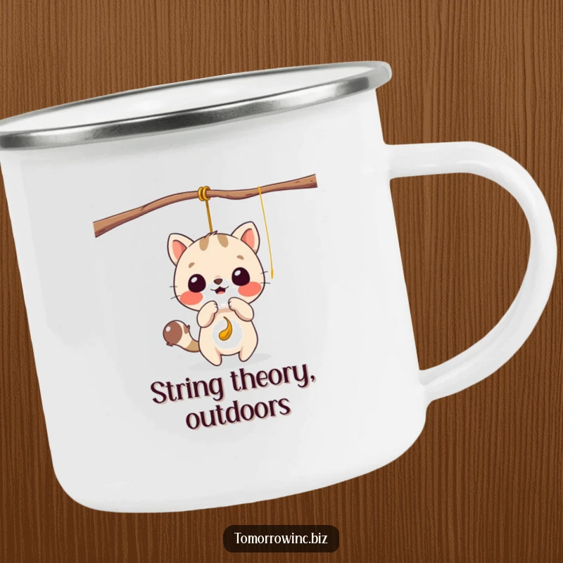 Funny camping mug showing a cute animal character playfully batting at a tempting, dangling string, ideal for outdoor fun.