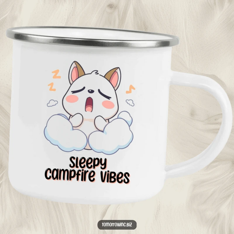 Funny Sleepy Animal Camping Mug: A stylized animal with droopy eyelids yawns widely surrounded by clouds, ready for camping.