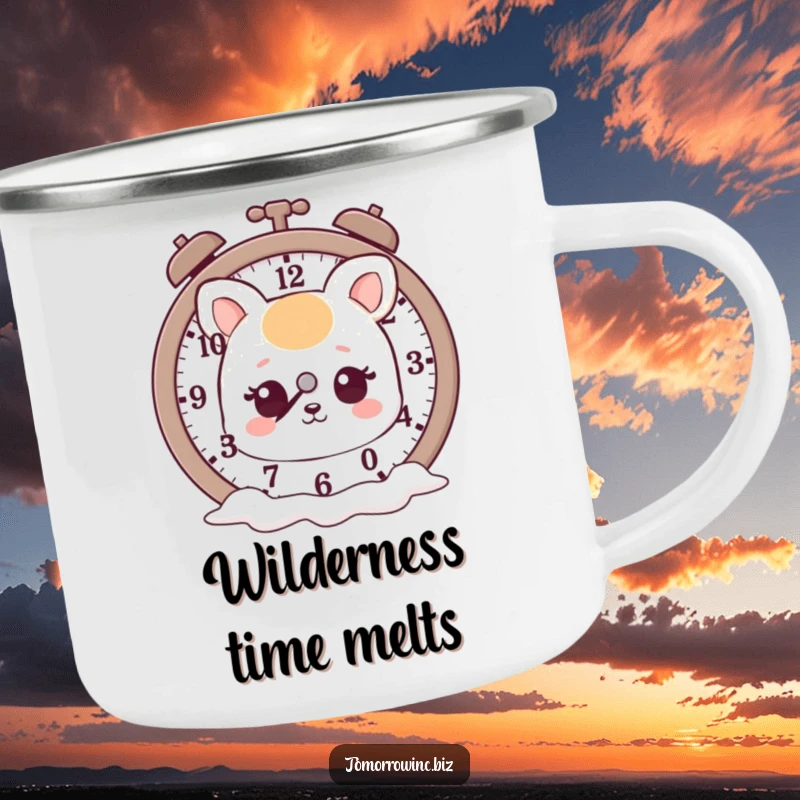 Funny camping mug with a cute animal staring at a melting clock, perfect for outdoor adventures with a humorous twist.