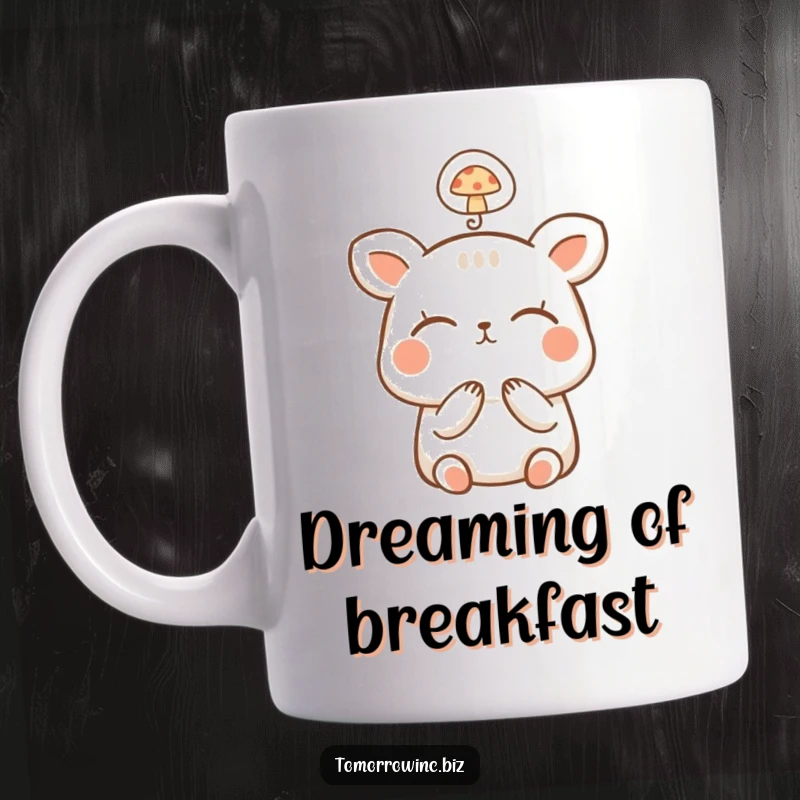 Funny Happy Animal Mug: A small, happy animal dreams with closed eyes, a tiny thought bubble above containing a mushroom.