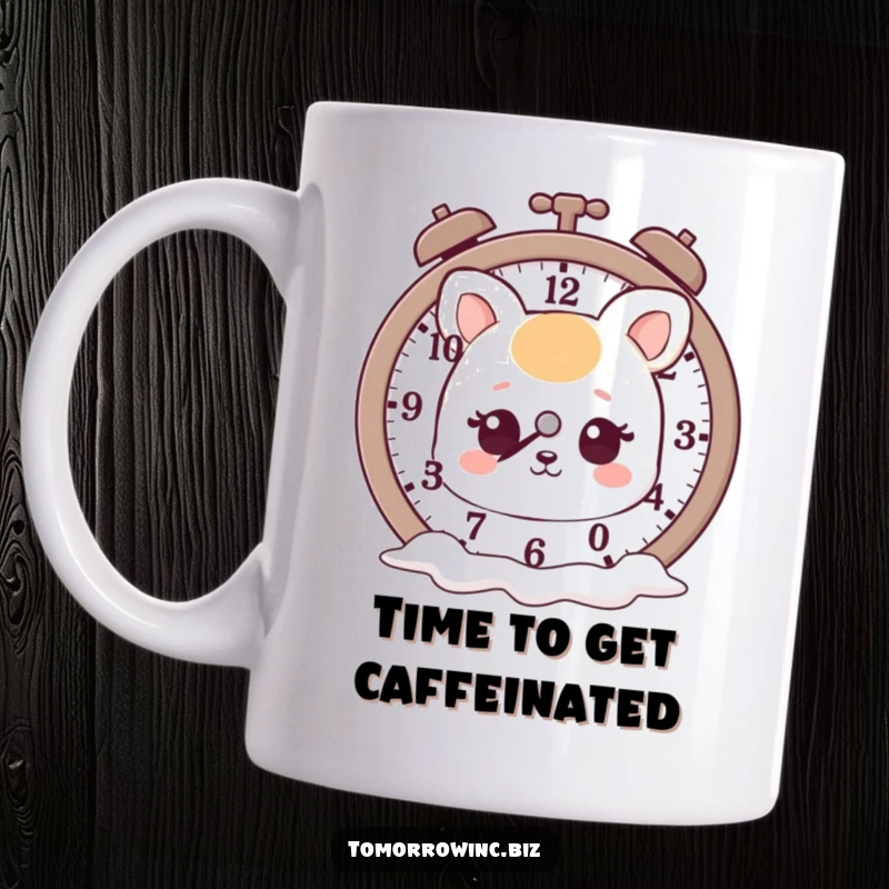 Funny mug with a cute, dreamy animal character gazing at a clock with surreal melting hands, capturing the feeling of time distortion.