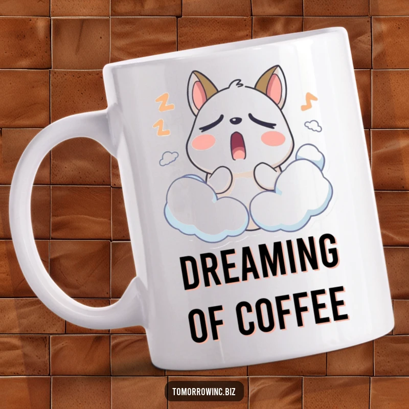 Funny Sleepy Animal Mug: A stylized animal with droopy eyelids yawns widely, surrounded by soft, sleepy clouds, looking tired.
