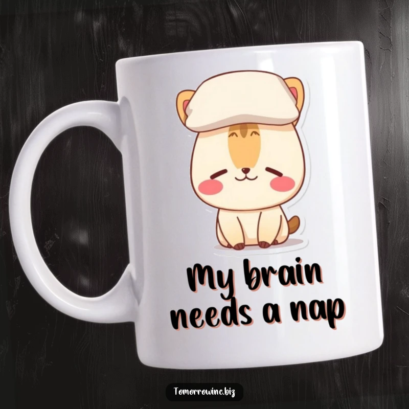 Funny mug showcasing a confused animal character precariously balancing a pillow on its head, looking utterly bewildered.