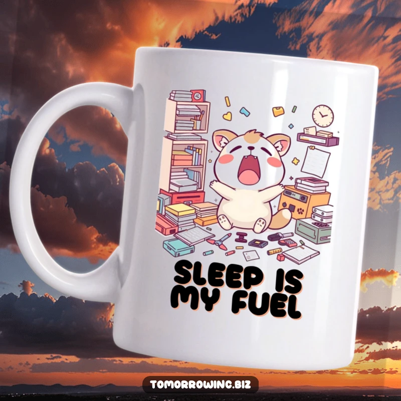 Funny mug with a happy animal yawning widely, surrounded by scattered, unfinished tasks, symbolizing relatable exhaustion.