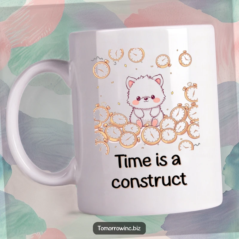 Funny Fuzzy Animal Mug: A cute, fuzzy animal with a blank stare sits amidst a pile of scattered clocks, looking confused.
