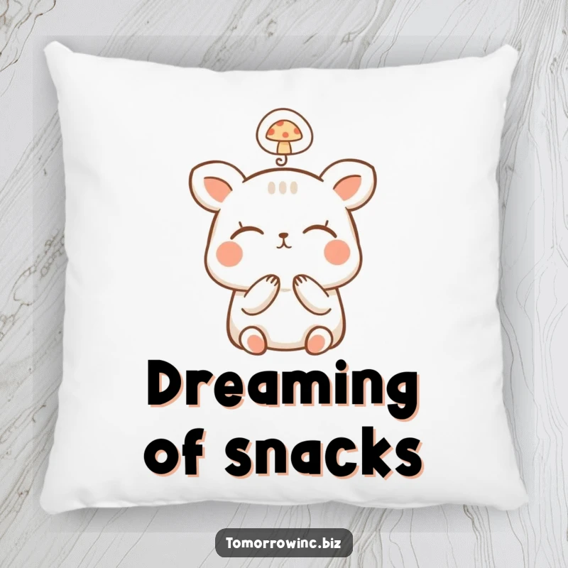 Funny Happy Animal Pillow: A small, happy animal dreams with closed eyes, a thought bubble above shows a mushroom.