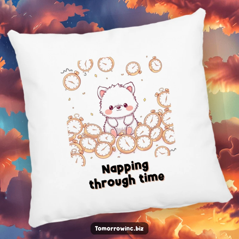 Funny Fuzzy Animal Pillow: A cute, fuzzy animal with a blank stare sits on a pile of scattered clocks, dreaming.