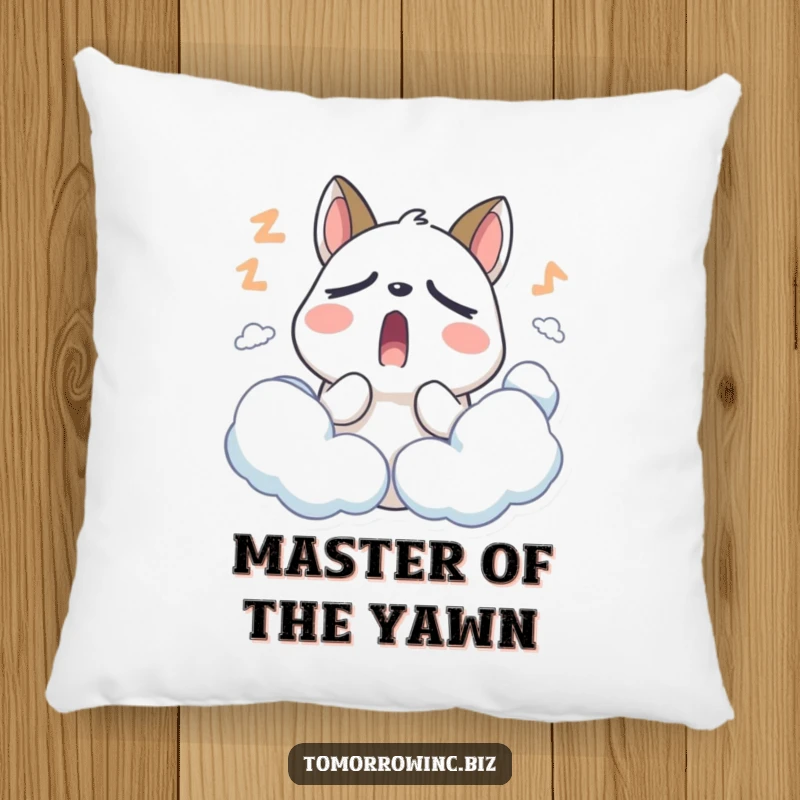 Funny Sleepy Animal Pillow: A stylized animal with droopy eyelids yawns widely amidst soft, sleepy clouds, perfect for naps.