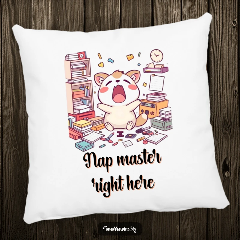 Funny pillow featuring a happy animal character yawning widely amidst a scattered pile of unfinished tasks, expressing relatable fatigue.