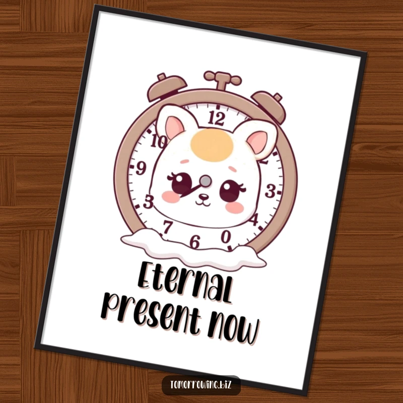 Funny digital art print of a cute animal character with a dreamy stare at a surreal clock with melting hands.