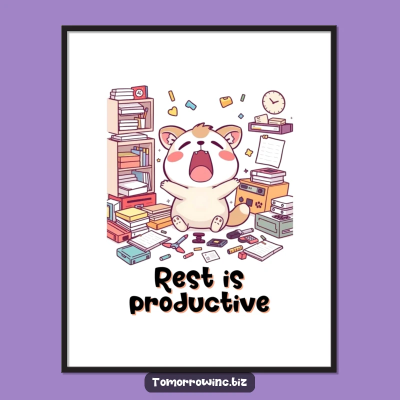 Funny Yawning Animal Task Digital Art: Wall Decor with Relatable Charm