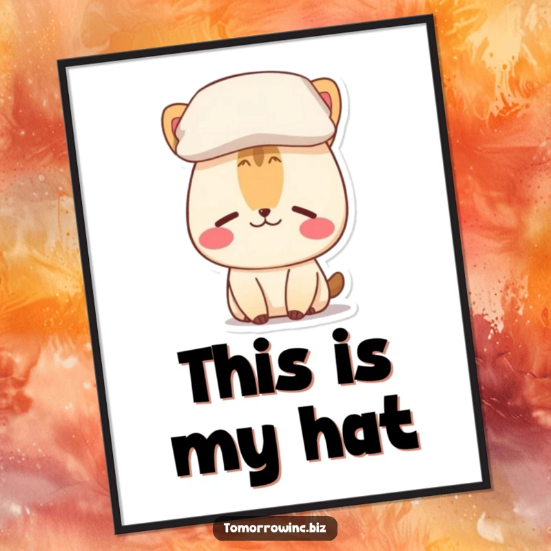 Funny digital art print of a cheerful animal character looking confused while balancing a pillow on its head.