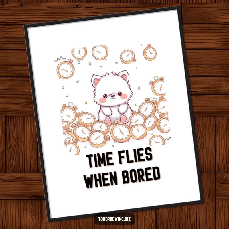 Funny Fuzzy Animal Digital Art: A cute, fuzzy animal with a blank stare sits among scattered clocks, expressing time's humor.