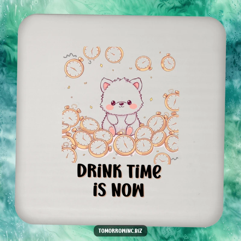 Funny Fuzzy Animal Coaster: A cute, fuzzy animal with a blank stare sits with scattered clocks, protecting surfaces.