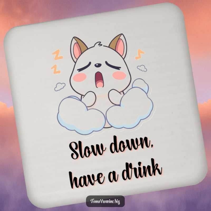 Funny Sleepy Animal Coaster: A stylized animal with droopy eyelids yawns widely among soft clouds, protecting surfaces.