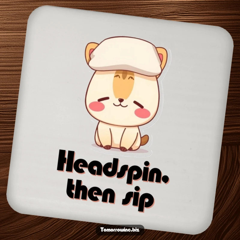 Funny drink coaster showing a confused animal character with a pillow balanced on its head, looking quite perplexed.