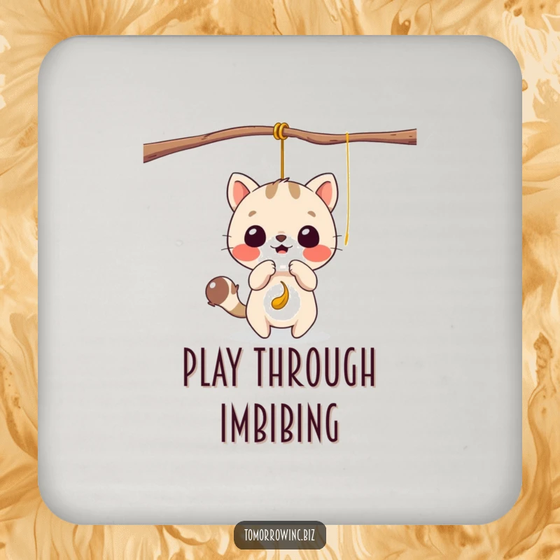 Funny drink coaster featuring a cute animal character playfully batting at a tempting dangling string, adding whimsy.