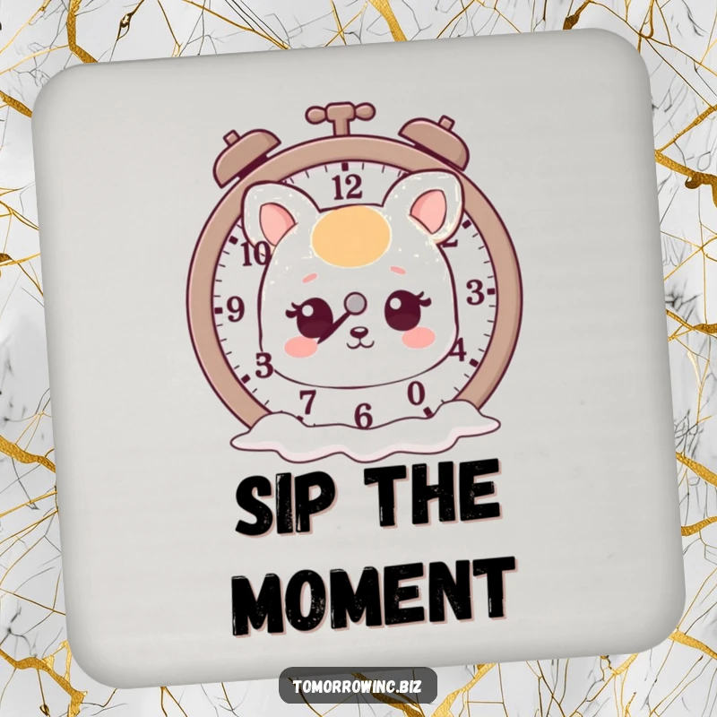 Funny drink coaster featuring a cute animal with a dreamy expression observing a clock with melting hands, a whimsical touch.