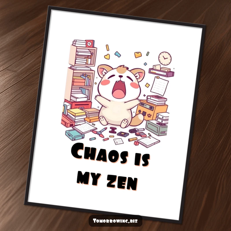 Funny poster art of a happy animal yawning widely, symbolizing exhaustion surrounded by a chaotic layout of unfinished tasks.