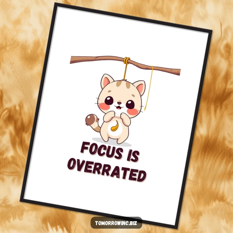 Funny poster art of a cute animal character playfully engaging with a tempting, dangling string, full of excitement.