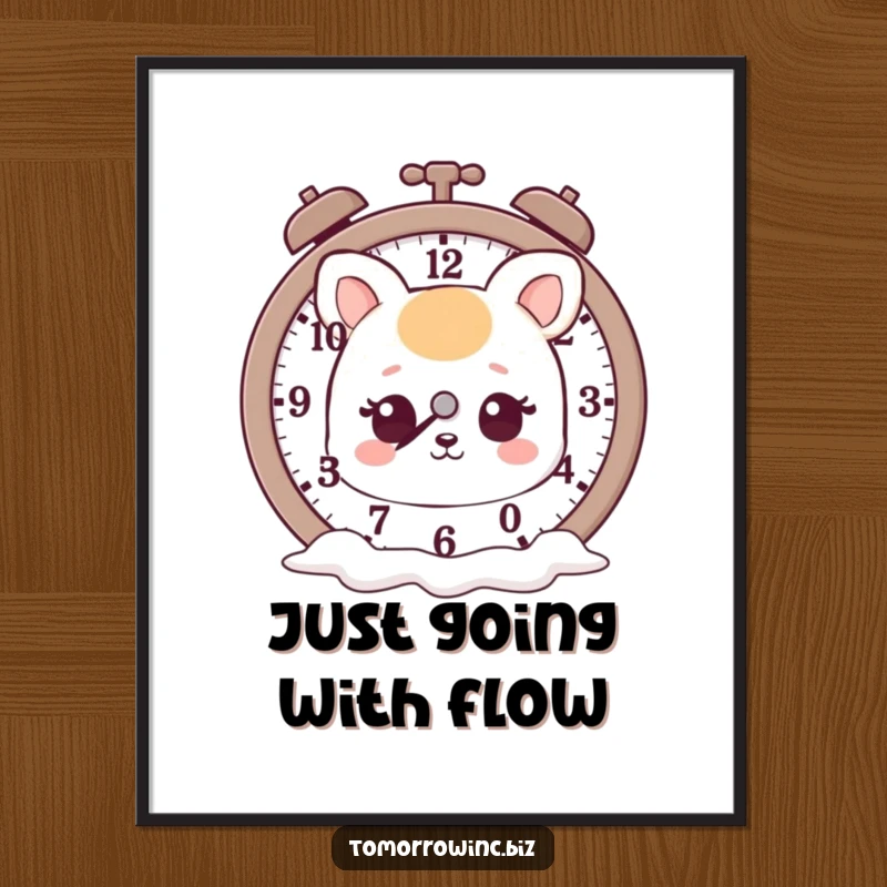 Funny poster art of a cute animal with a dreamy expression staring at a clock with hands that are melting like Dali's.