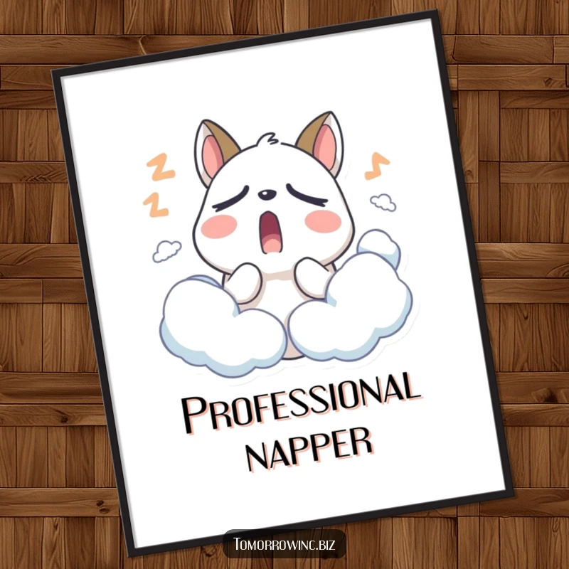 Funny Sleepy Animal Poster: A stylized animal with droopy eyelids yawns widely surrounded by soft, sleepy clouds, evoking peace.