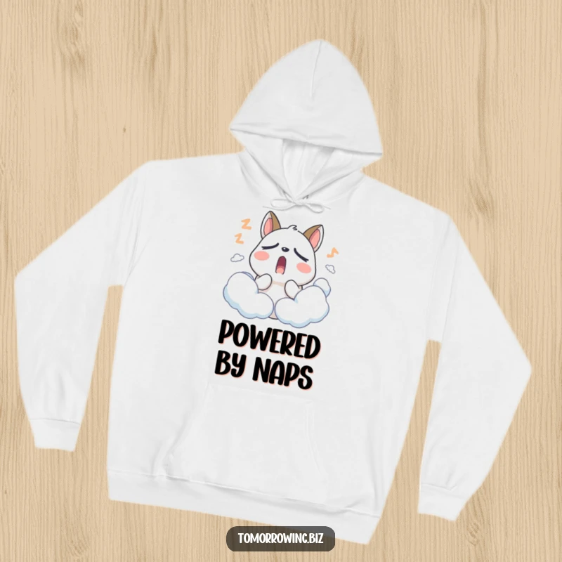 Funny Sleepy Animal Hoodie: A stylized animal with droopy eyelids yawns wide, surrounded by soft, sleepy clouds, looking cozy.