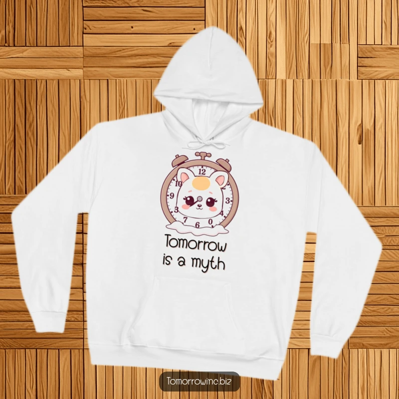 Funny hoodie depicting a cute animal with a dreamy gaze fixed on a surreal clock whose hands are melting away.