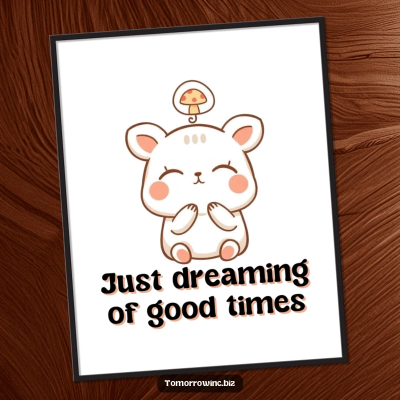 Funny Free Printable Happy Animal Wall Art: Small, happy animal dreaming with closed eyes, a tiny mushroom in its thought bubble.