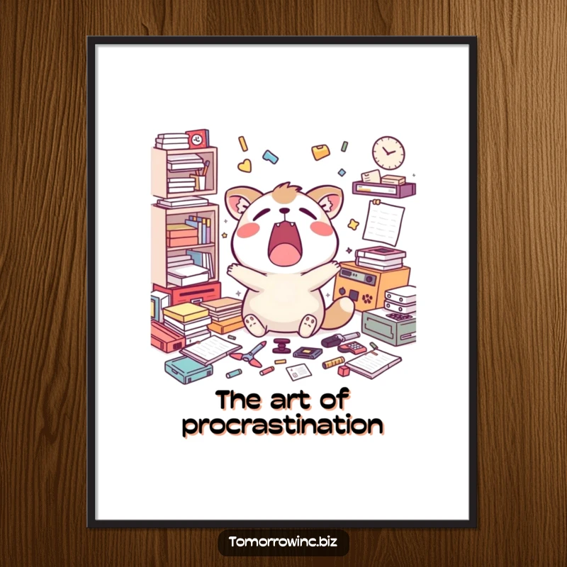 Funny free printable wall art: A happy animal yawning widely surrounded by scattered, unfinished tasks, bedroom decor.