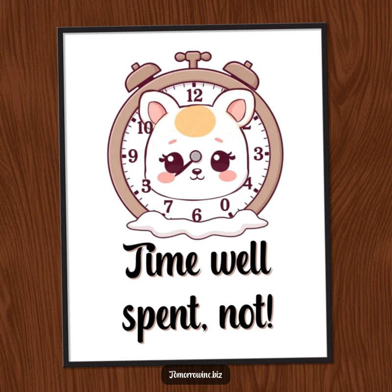 Funny free printable wall art: A cute animal with a dreamy expression stares at a clock with melting hands, surreal decor.
