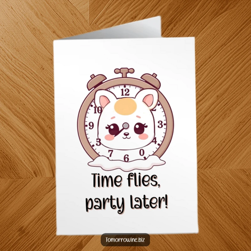 Funny free printable birthday card: A cute animal stares dreamily at a clock with melting hands, symbolizing slow times.