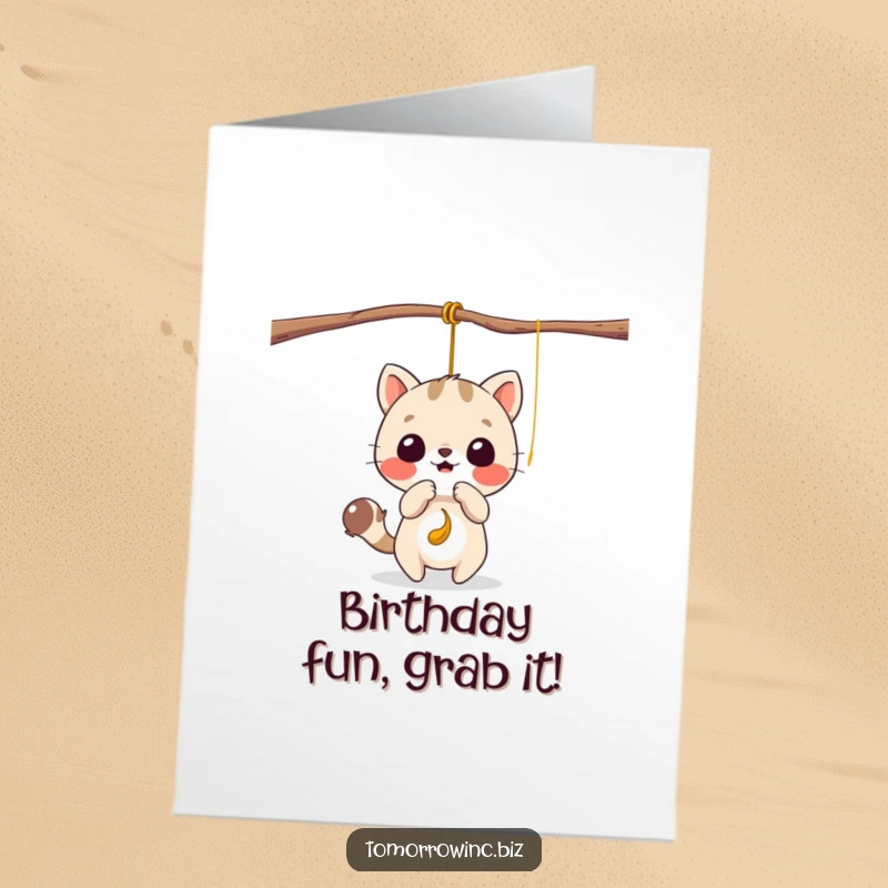 Funny free printable birthday card: A cute animal playfully bats at a dangling tempting string, full of playful energy.