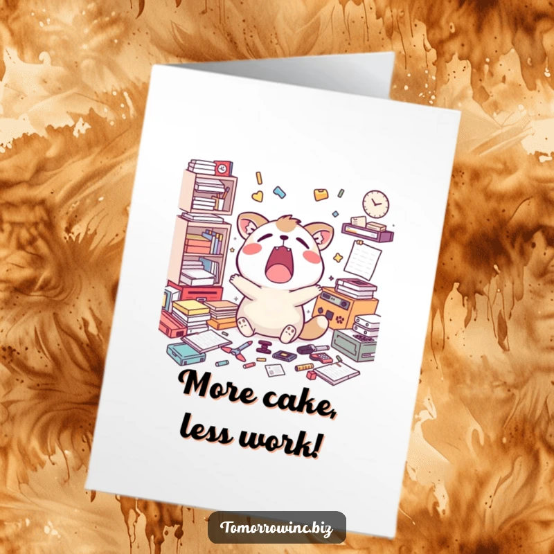 Funny free printable birthday card: A happy animal yawns widely amidst scattered unfinished tasks, symbolizing a lazy mood.