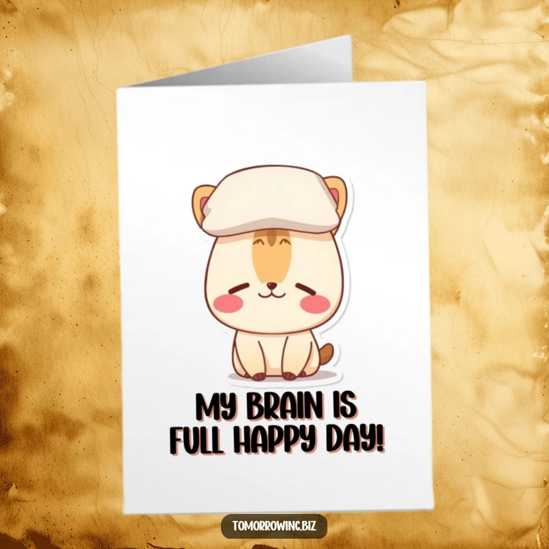 Funny free printable birthday card: confused animal balancing pillow on head, looking bewildered, printable greeting