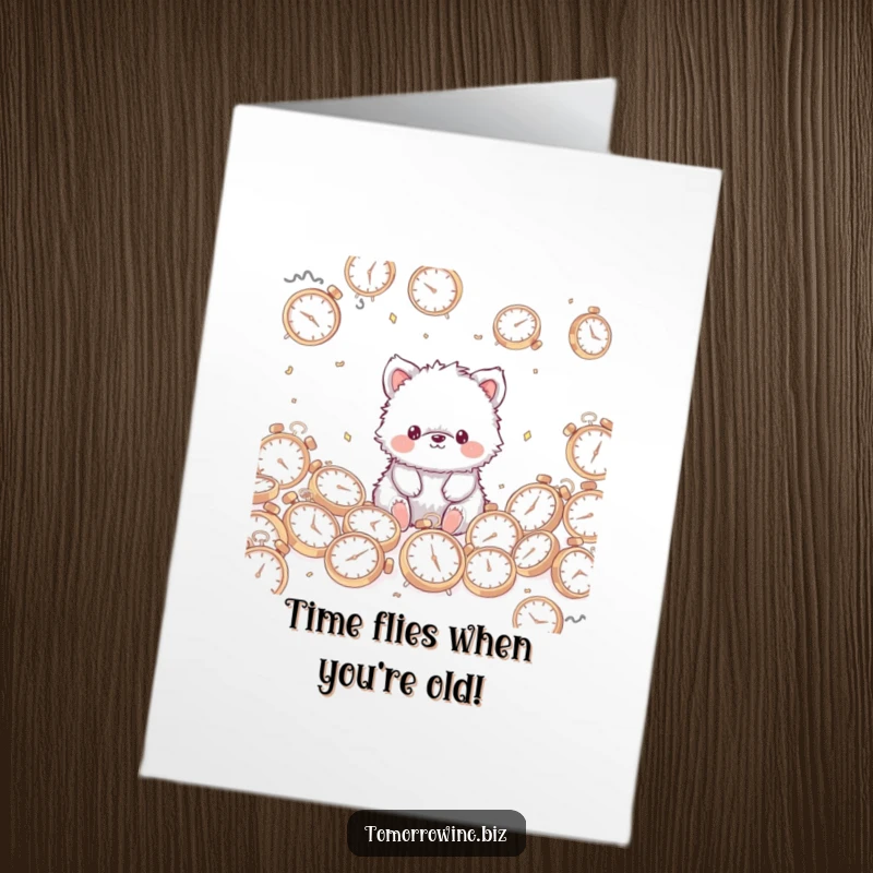 Funny Free Printable Fuzzy Animal Birthday Card: Cute animal with blank stare surrounded by scattered clocks, wishing happy birthday.