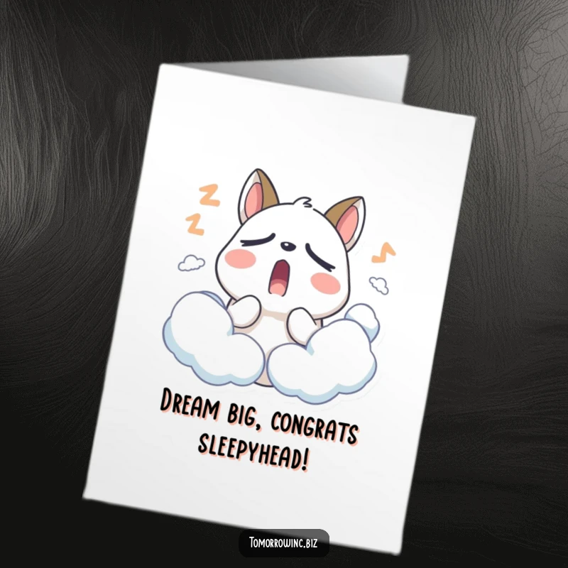 Funny Free Printable Sleepy Animal Congratulations Card: Stylized animal yawning widely surrounded by soft, sleepy clouds, celebrating success.