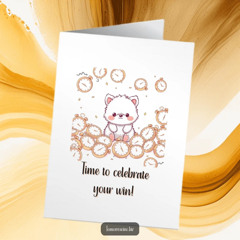 Funny Free Printable Fuzzy Animal Congratulations Card: Cute fuzzy animal with a blank stare amidst a pile of scattered clocks.