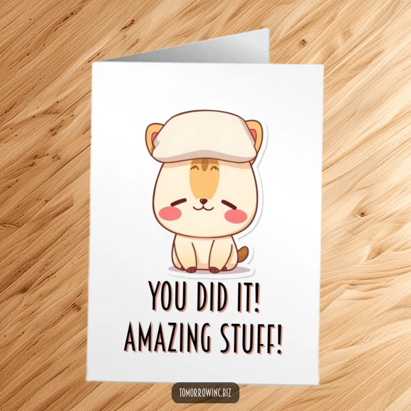 Funny free printable congratulations card: confused animal with pillow on head, surprised expression, greeting