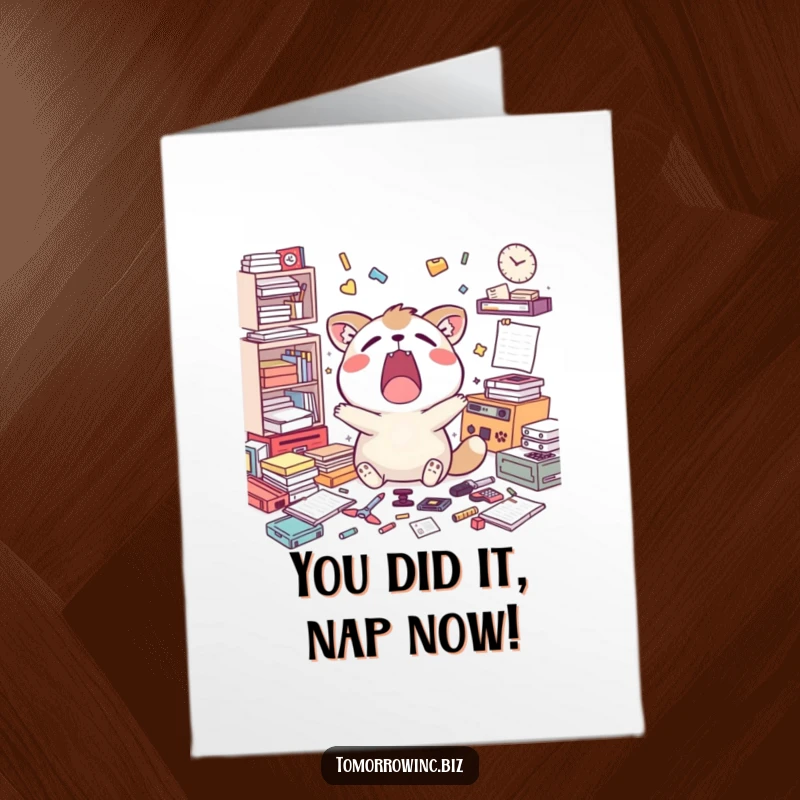 Funny free printable congratulations card: A yawning animal surrounded by tasks, humorously depicting the effort of success.