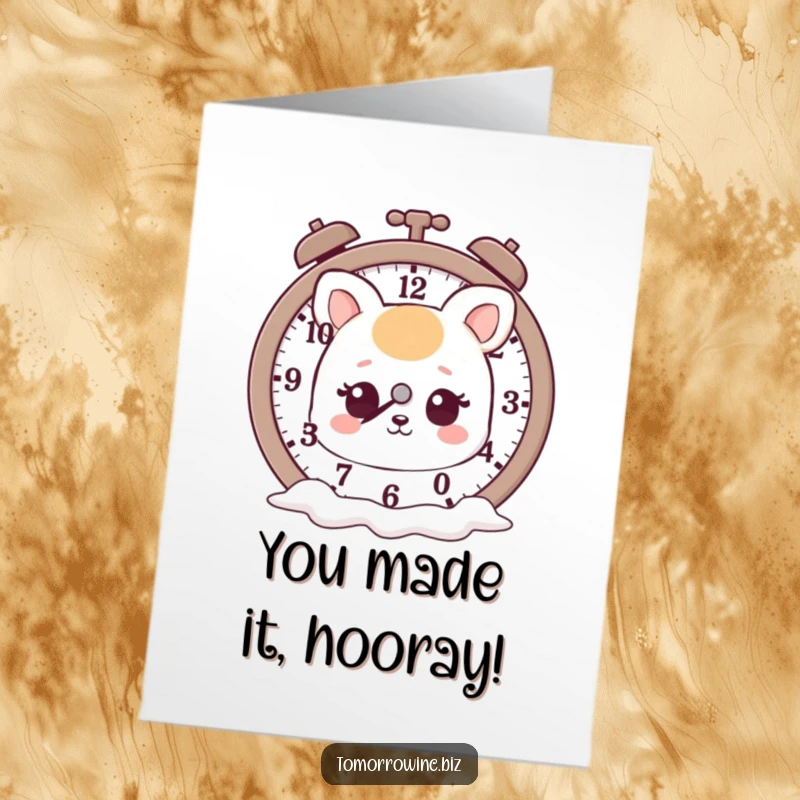 Funny free printable congratulations card: An animal gazes at a melting clock, a whimsical symbol of achievement.