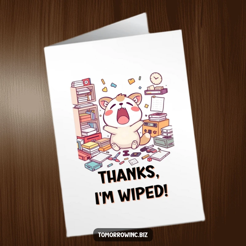 Funny free printable thank you card: A yawning animal amid unfinished tasks, humorously conveying thanks for help.